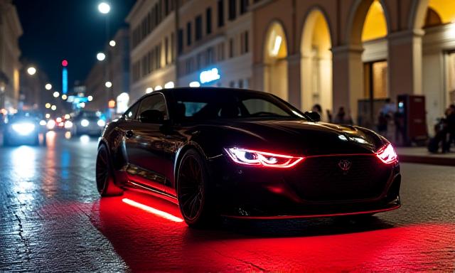 Elegante auto elaborata da Nautica Veloce parcheggiata in una strada illuminata di Roma di notte, con luci al neon rossi visibili