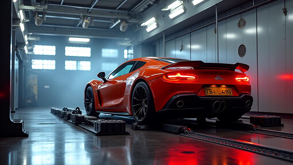 Auto sportiva ad alta potenza legata saldamente sul banco prova dinamico, con i rulli in movimento durante un test di potenza