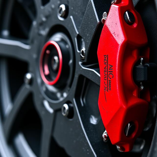 Dettaglio ravvicinato di un impianto frenante carbo-ceramico ad alte prestazioni con pinza rossa su un'auto sportiva