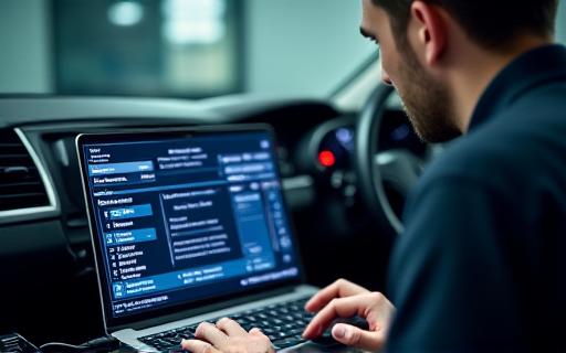 Tecnico concentrato mentre lavora su un laptop collegato alla porta OBD di un'auto per la mappatura della centralina